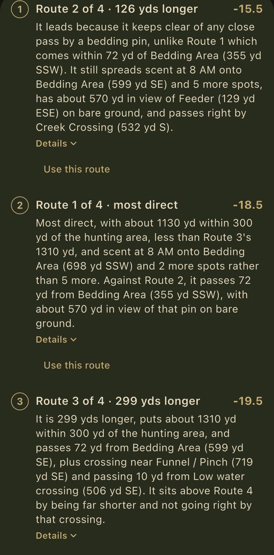 On Scout, a route report ranking 4 routes, least disturbance first: Route 2 of 4, 126 yd longer than the most direct, at −15.5; Route 1 of 4, the most direct, at −18.5; and Route 3 of 4, 299 yd longer, at −19.5, each with its note and a Details link.